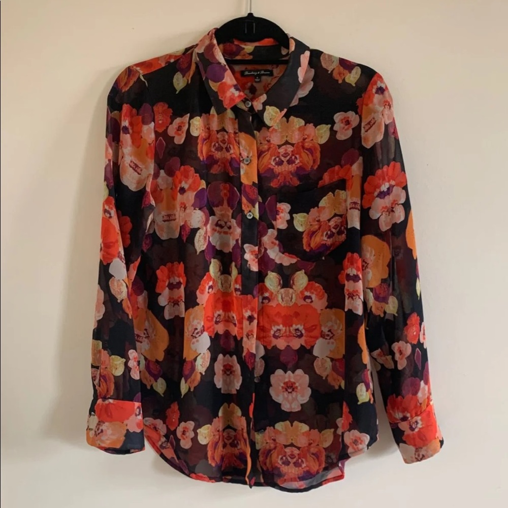 Contemporary floral women’s button up top